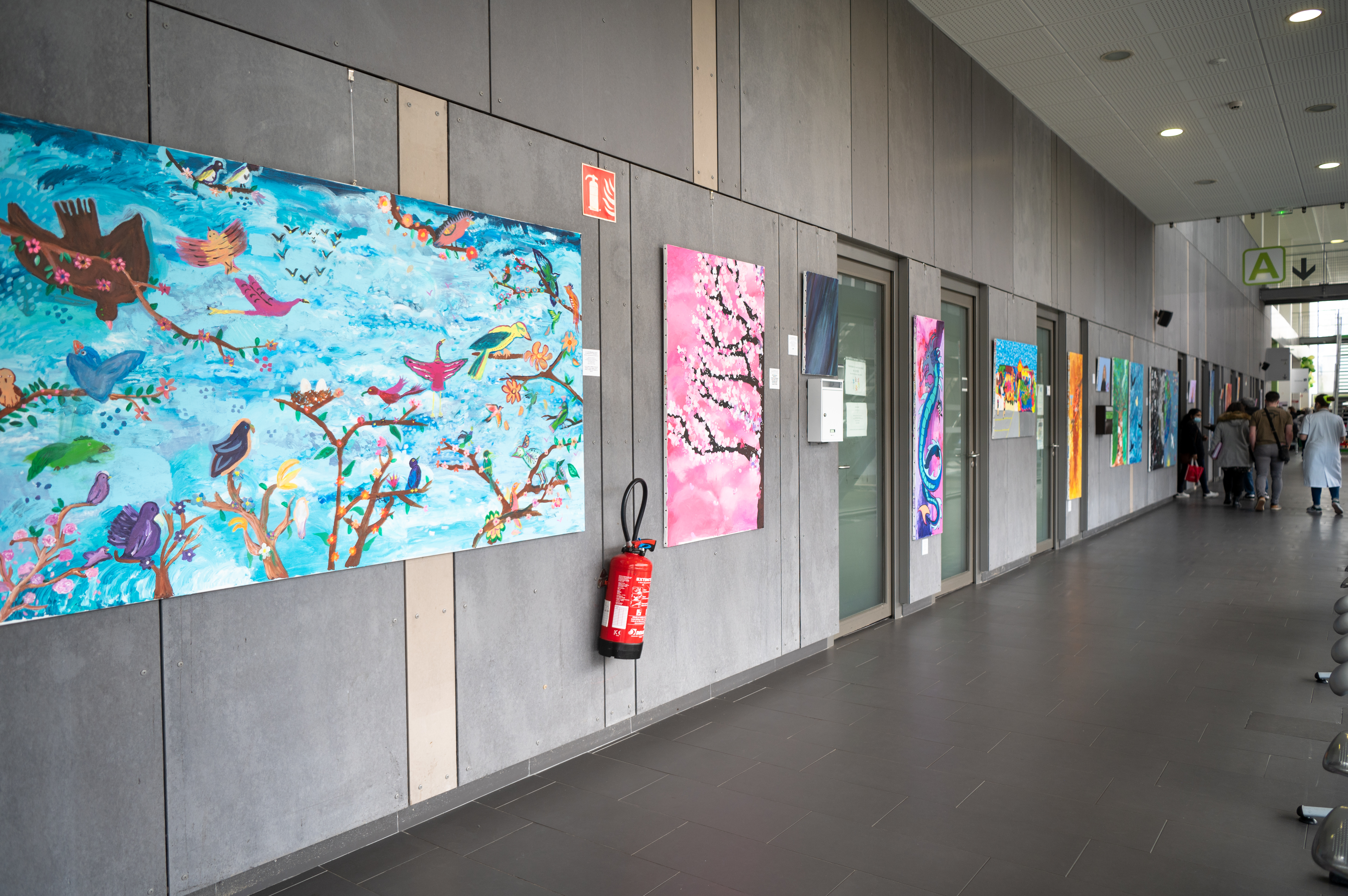 Exposition (2023) de toiles réalisées par les ados hospitalisés dans le hall de l'hôpital 