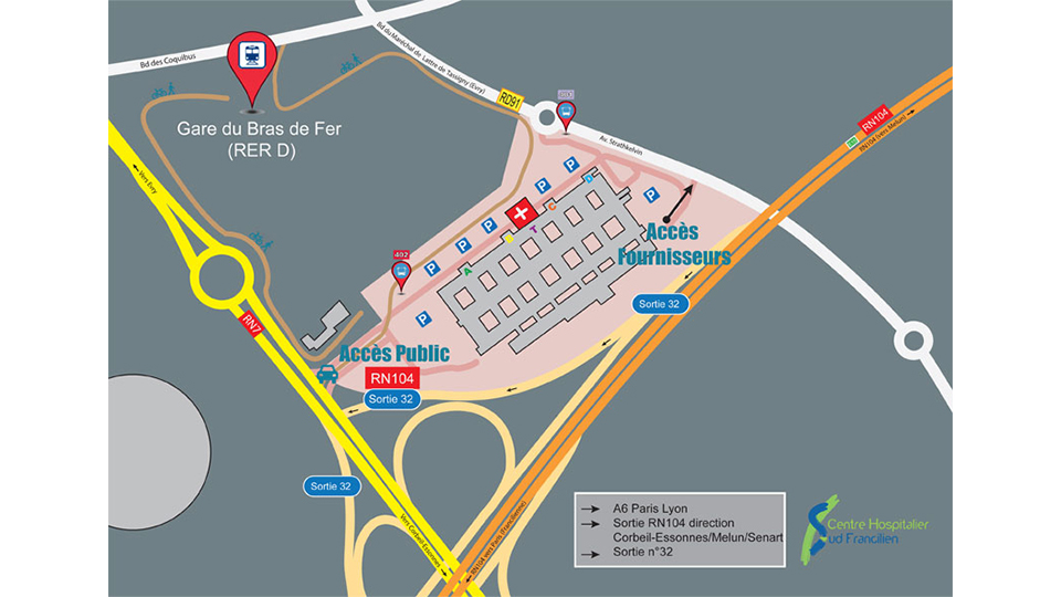 Plan d'accès routier au Centre hospitalier sud francilien